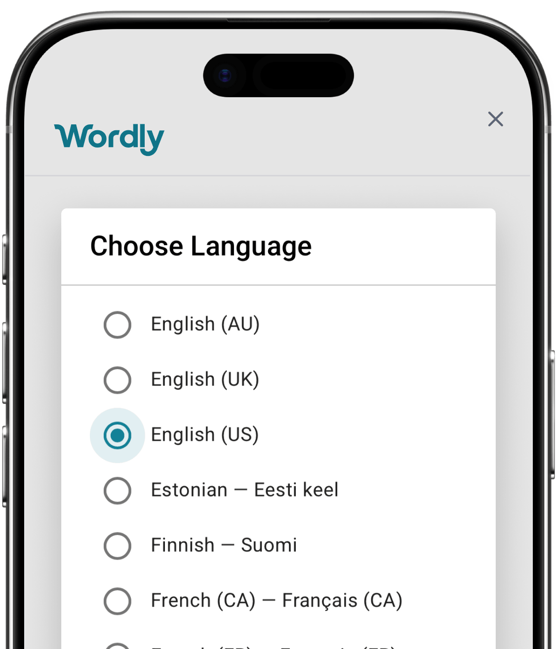 Wordly translation app language selection screen
