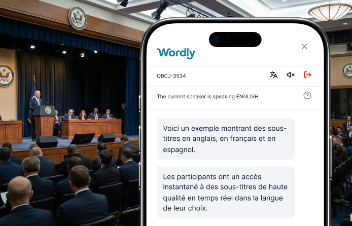 Conference audience using Wordly real-time transcription and translation