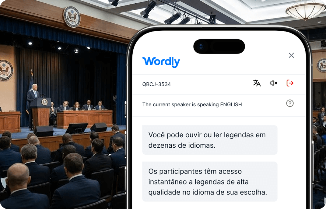 Público da conferência usando a transcrição e tradução em tempo real do Wordly