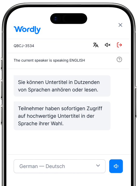 Wordly Mobile Untertiteloberfläche mit Live-Übersetzung