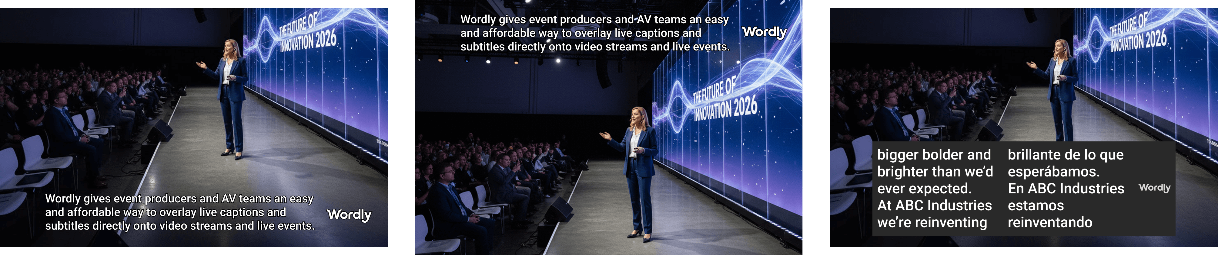 Examples of Wordly AI Subtitle Generator overlays on a live event screen