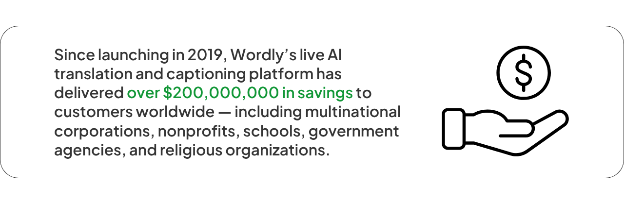 Text stating Wordly’s AI translation platform has saved customers over $200 million worldwide since 2019, alongside an icon of an open hand with a floating dollar sign coin.
