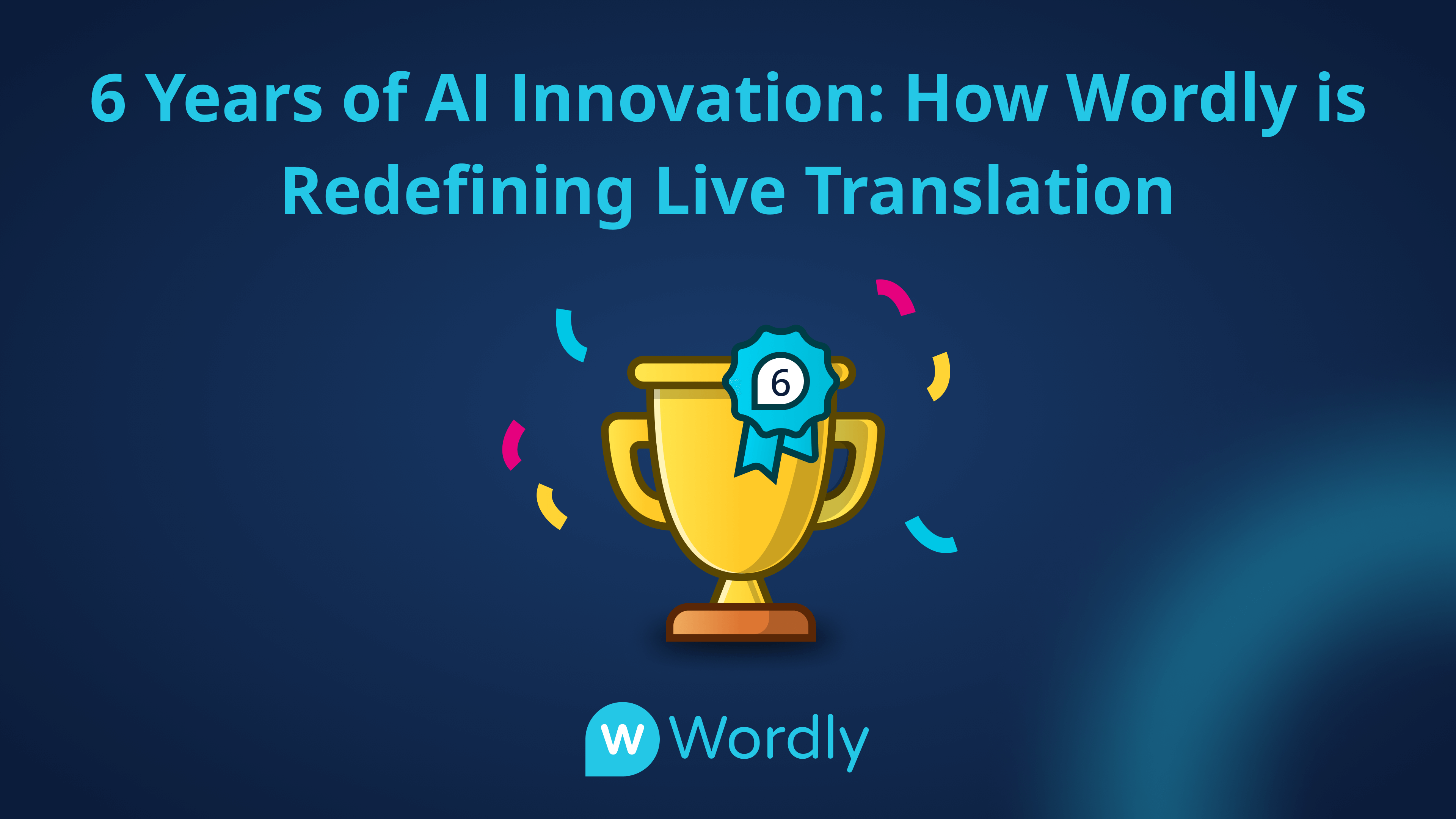 Wordly 6-year anniversary celebrating AI translation innovation.