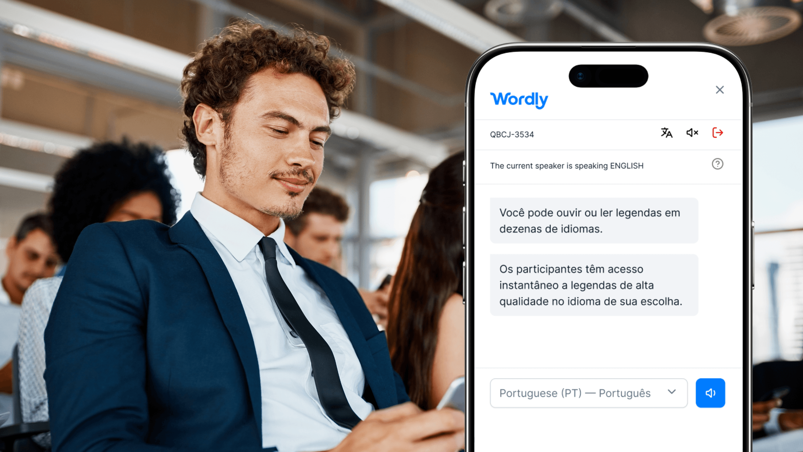 Wordly live AI translation and captions on a phone for legal and event association